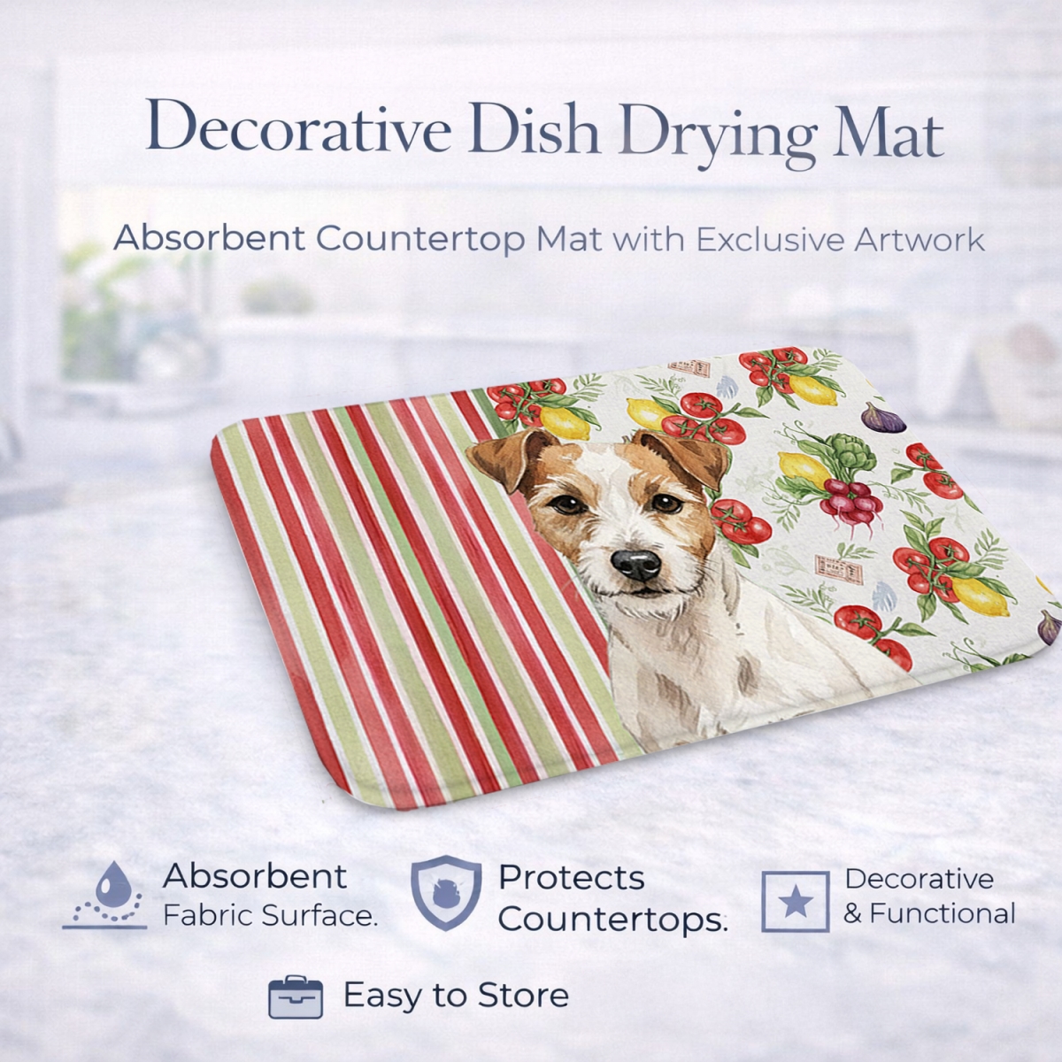 Picture of Carolines Treasures WDK8390DDM 21 x 14 in. White with Tan Markings Russell Terrier Vegetables Dish Drying Mat