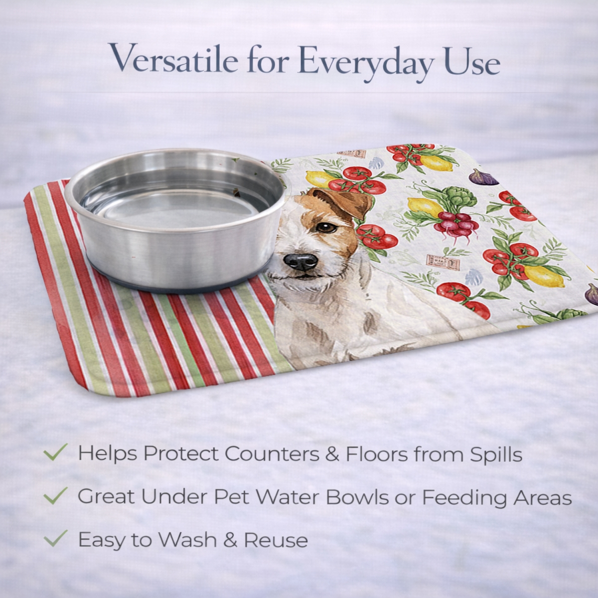 Picture of Carolines Treasures WDK8390DDM 21 x 14 in. White with Tan Markings Russell Terrier Vegetables Dish Drying Mat