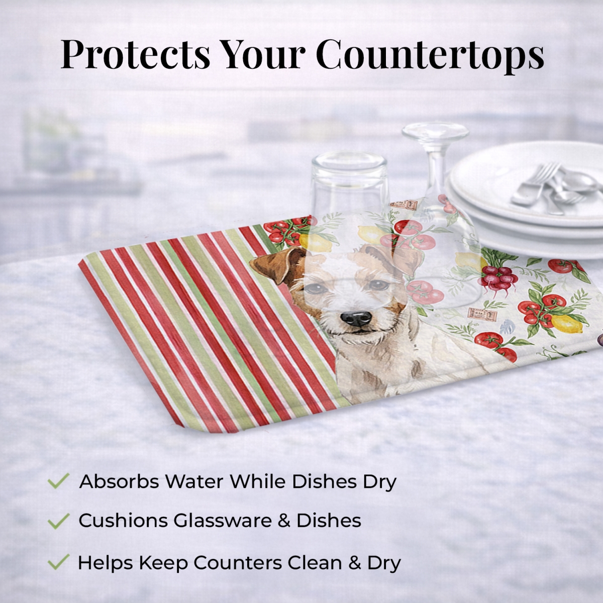 Picture of Carolines Treasures WDK8390DDM 21 x 14 in. White with Tan Markings Russell Terrier Vegetables Dish Drying Mat