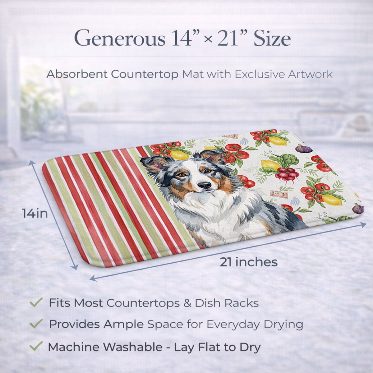 Picture of Carolines Treasures WDK8122DDM 21 x 14 in. Blue Merle Border Collie Vegetables Dish Drying Mat