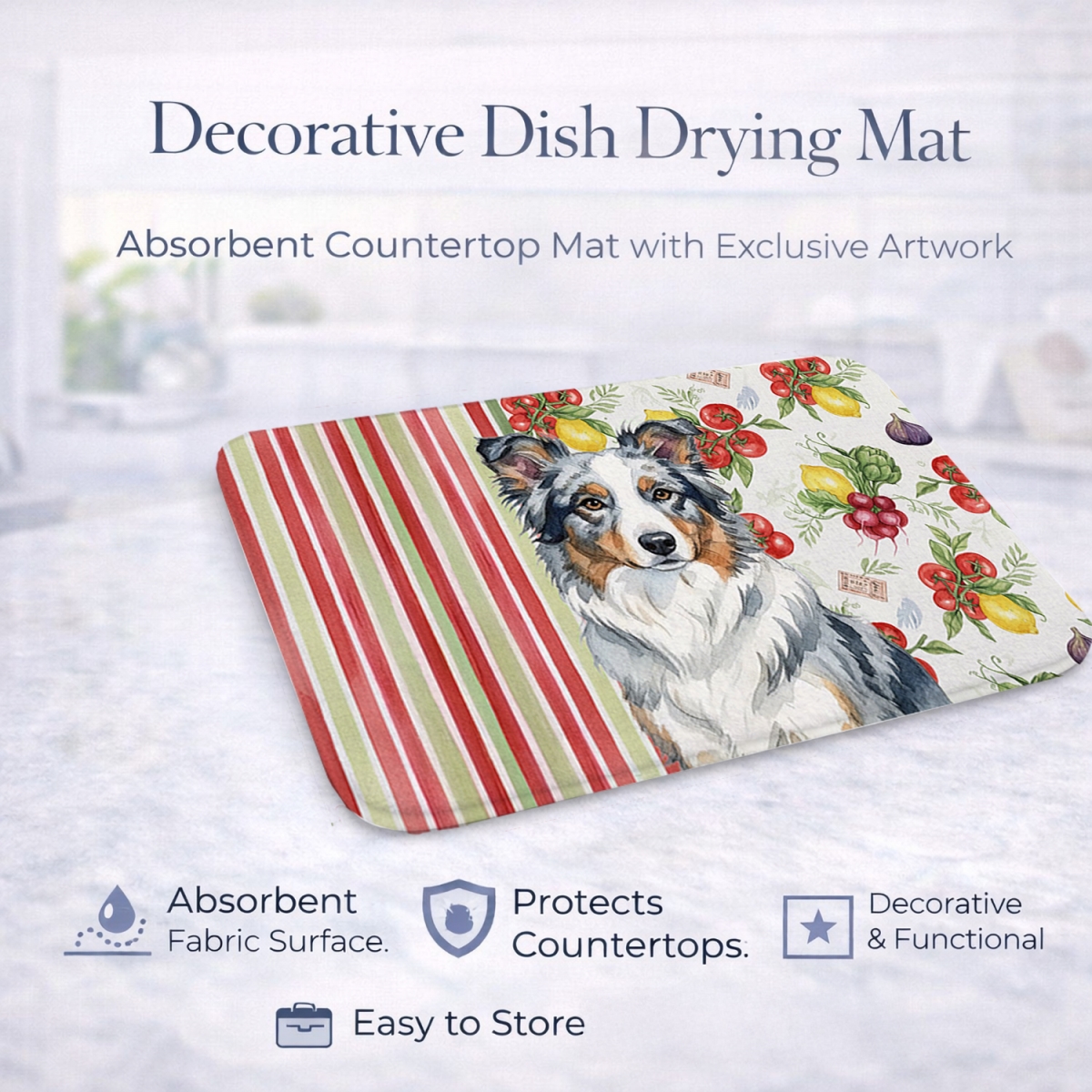 Picture of Carolines Treasures WDK8122DDM 21 x 14 in. Blue Merle Border Collie Vegetables Dish Drying Mat