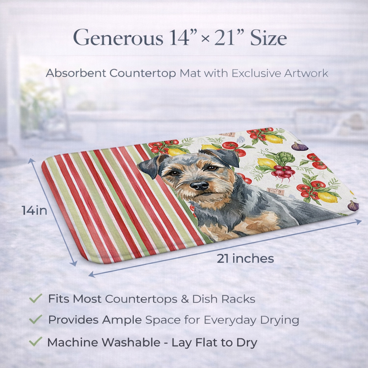Picture of Carolines Treasures WDK8125DDM 21 x 14 in. Blue & Tan Border Terrier Vegetables Dish Drying Mat