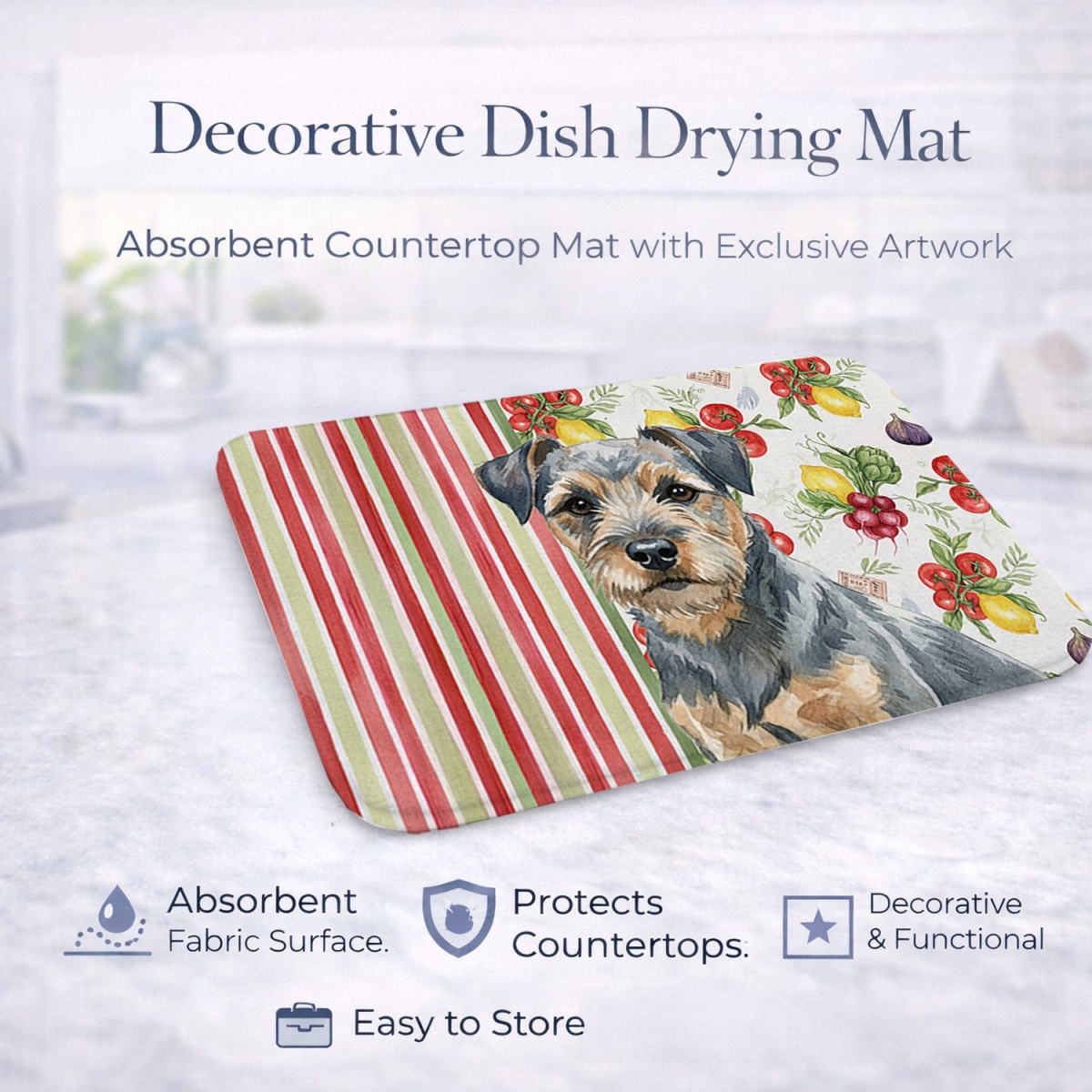 Picture of Carolines Treasures WDK8125DDM 21 x 14 in. Blue & Tan Border Terrier Vegetables Dish Drying Mat