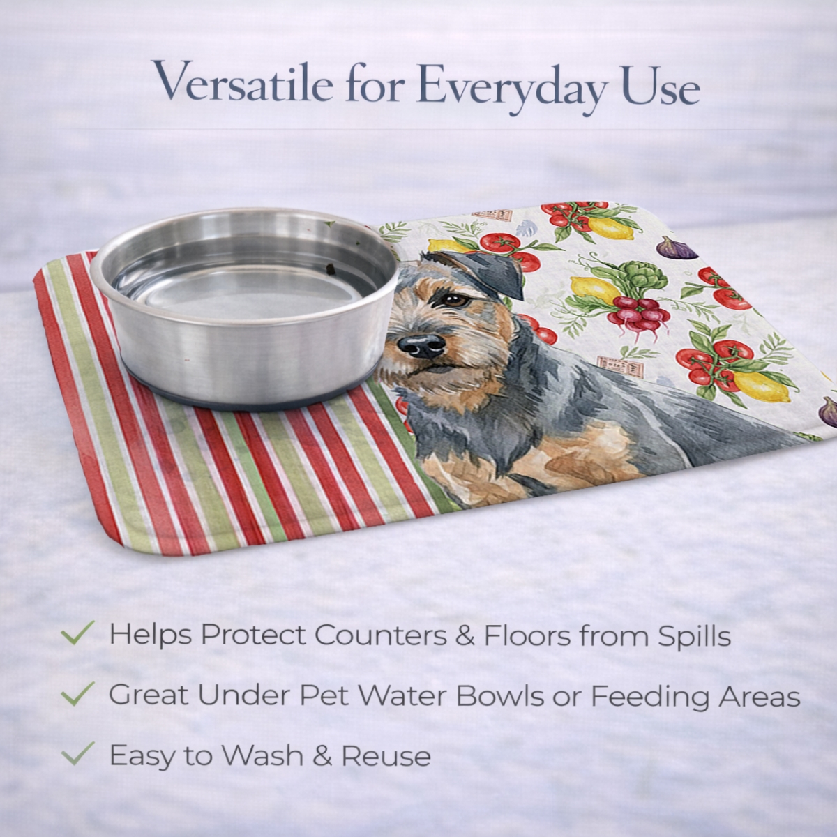 Picture of Carolines Treasures WDK8125DDM 21 x 14 in. Blue & Tan Border Terrier Vegetables Dish Drying Mat
