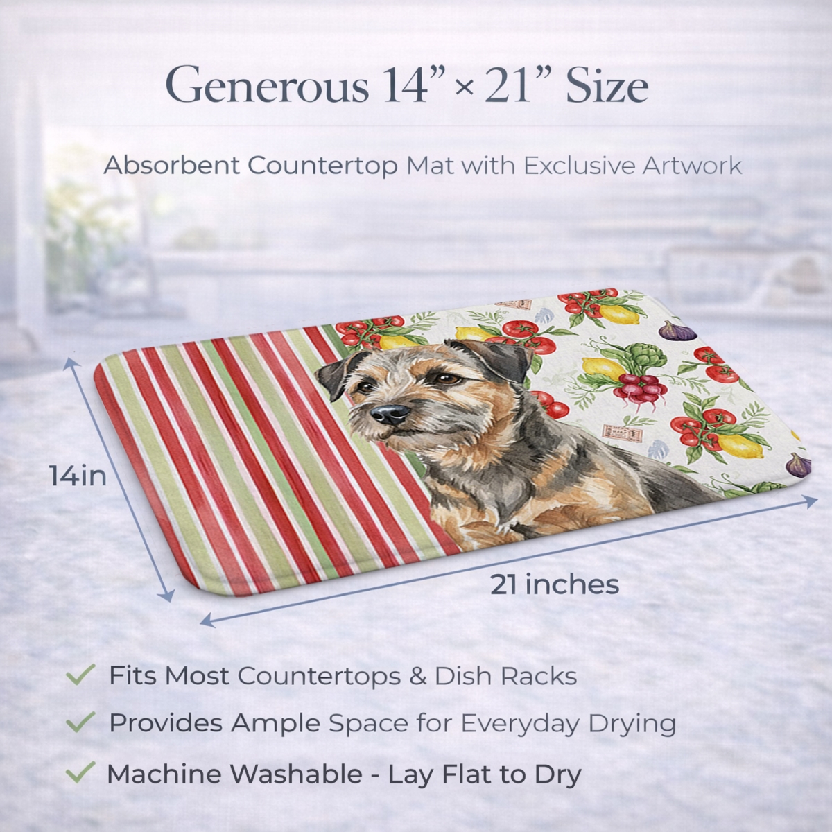 Picture of Carolines Treasures WDK8126DDM 21 x 14 in. Grizzle & Tan Border Terrier Vegetables Dish Drying Mat