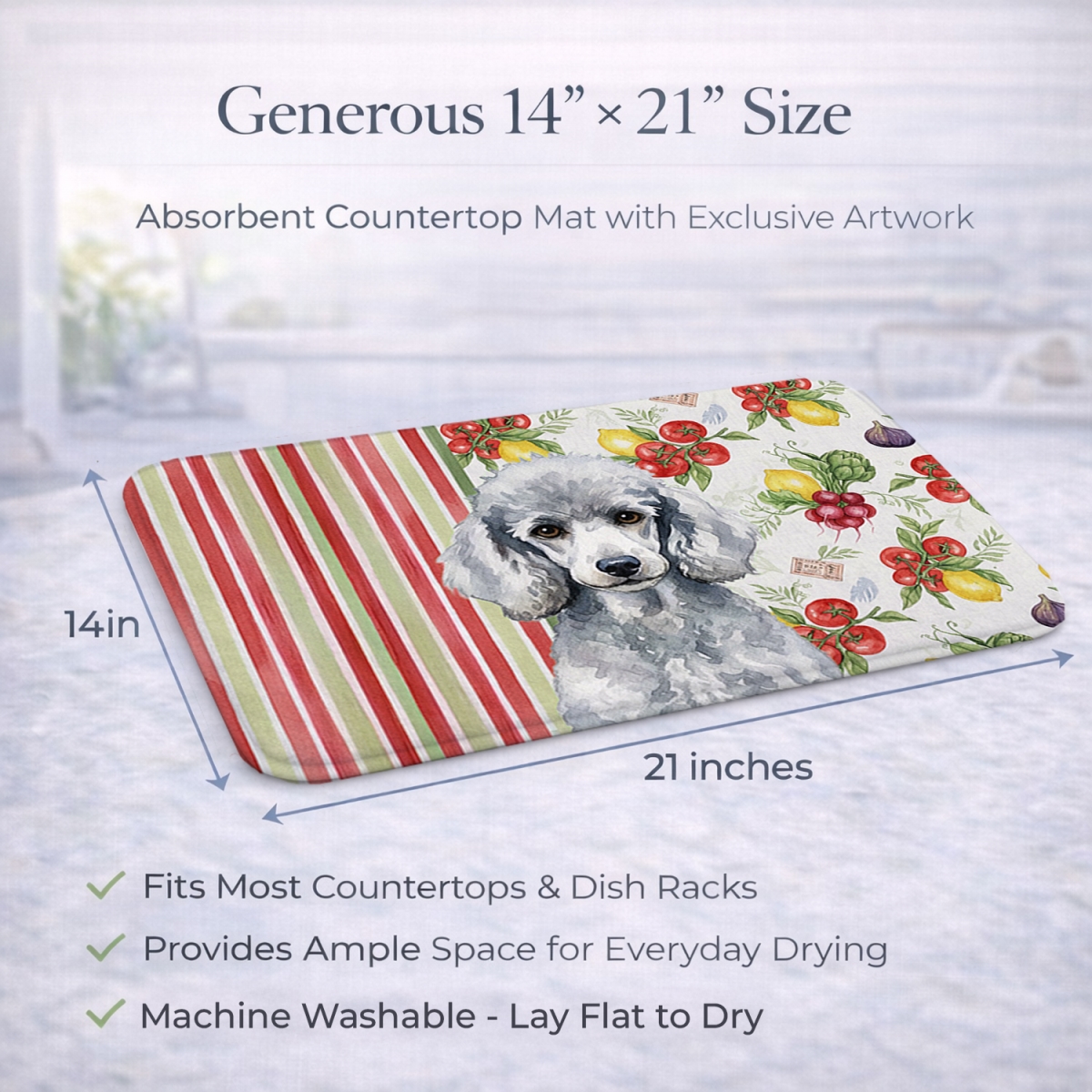 Picture of Carolines Treasures WDK8370DDM 21 x 14 in. Standard Silver Poodle Vegetables Dish Drying Mat