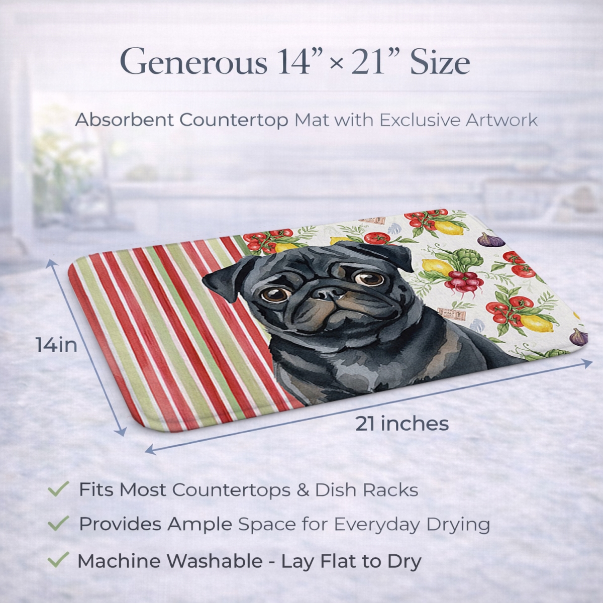 Picture of Carolines Treasures WDK8381DDM 21 x 14 in. Black Pug Vegetables Dish Drying Mat