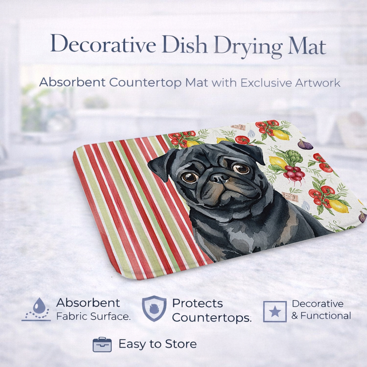 Picture of Carolines Treasures WDK8381DDM 21 x 14 in. Black Pug Vegetables Dish Drying Mat