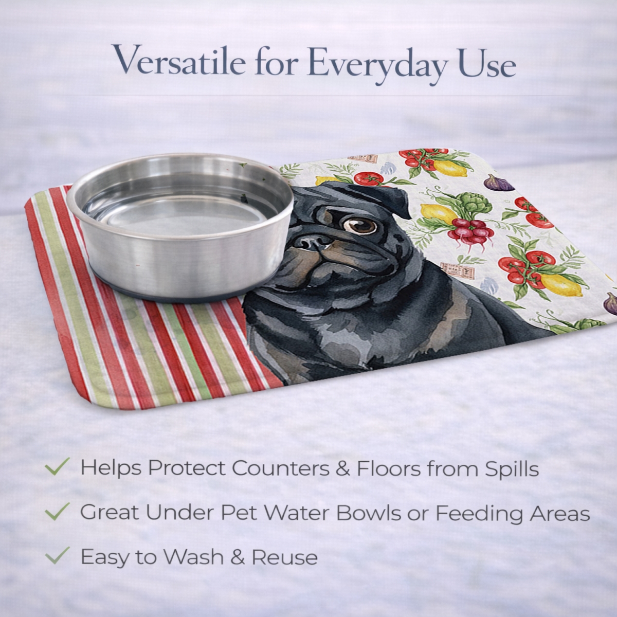 Picture of Carolines Treasures WDK8381DDM 21 x 14 in. Black Pug Vegetables Dish Drying Mat