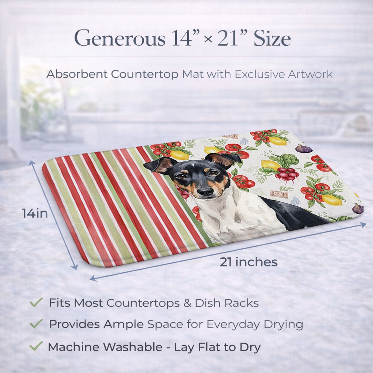 Picture of Carolines Treasures WDK8383DDM 21 x 14 in. Black & White Rat Terrier Vegetables Dish Drying Mat