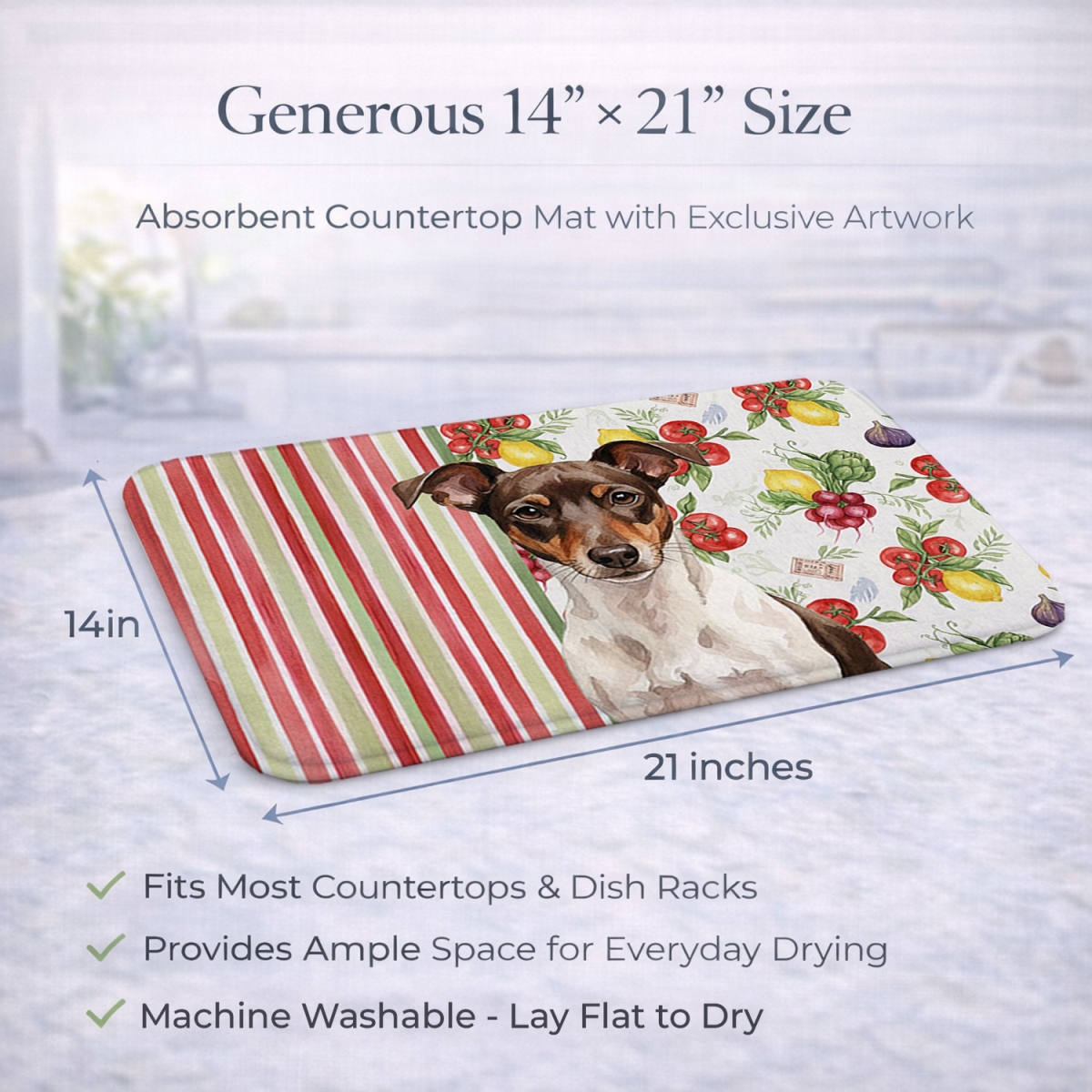 Picture of Carolines Treasures WDK8384DDM 21 x 14 in. Chocolate & White Rat Terrier Vegetables Dish Drying Mat