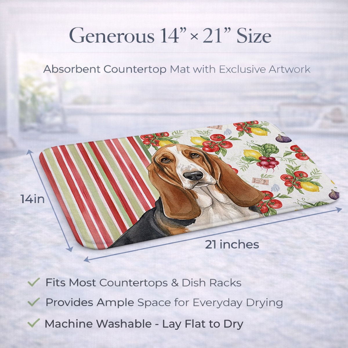 Picture of Carolines Treasures WDK8098DDM 21 x 14 in. Tricolor & White Basset Hound Vegetables Dish Drying Mat