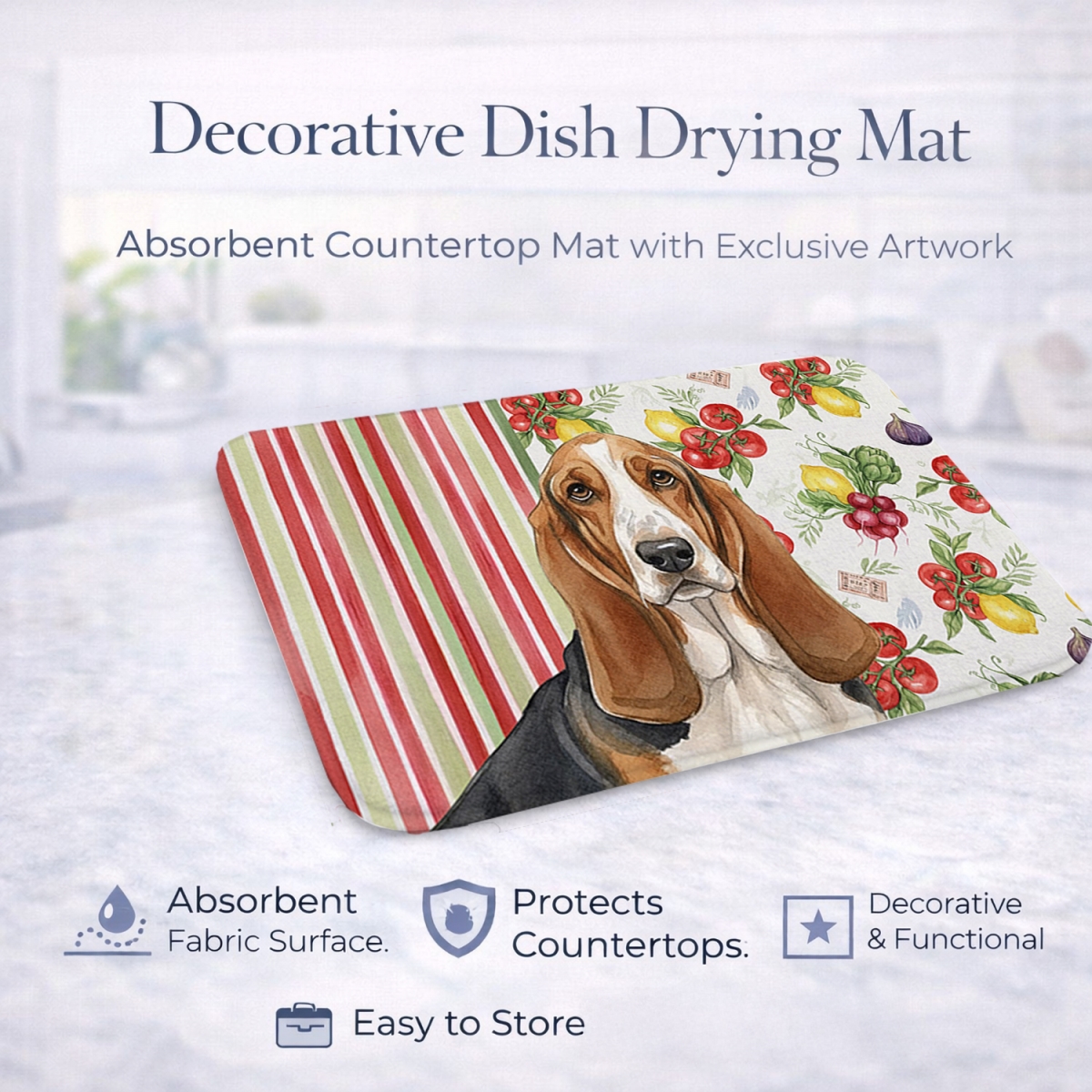 Picture of Carolines Treasures WDK8098DDM 21 x 14 in. Tricolor & White Basset Hound Vegetables Dish Drying Mat