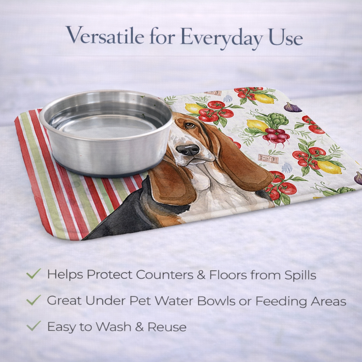 Picture of Carolines Treasures WDK8098DDM 21 x 14 in. Tricolor & White Basset Hound Vegetables Dish Drying Mat
