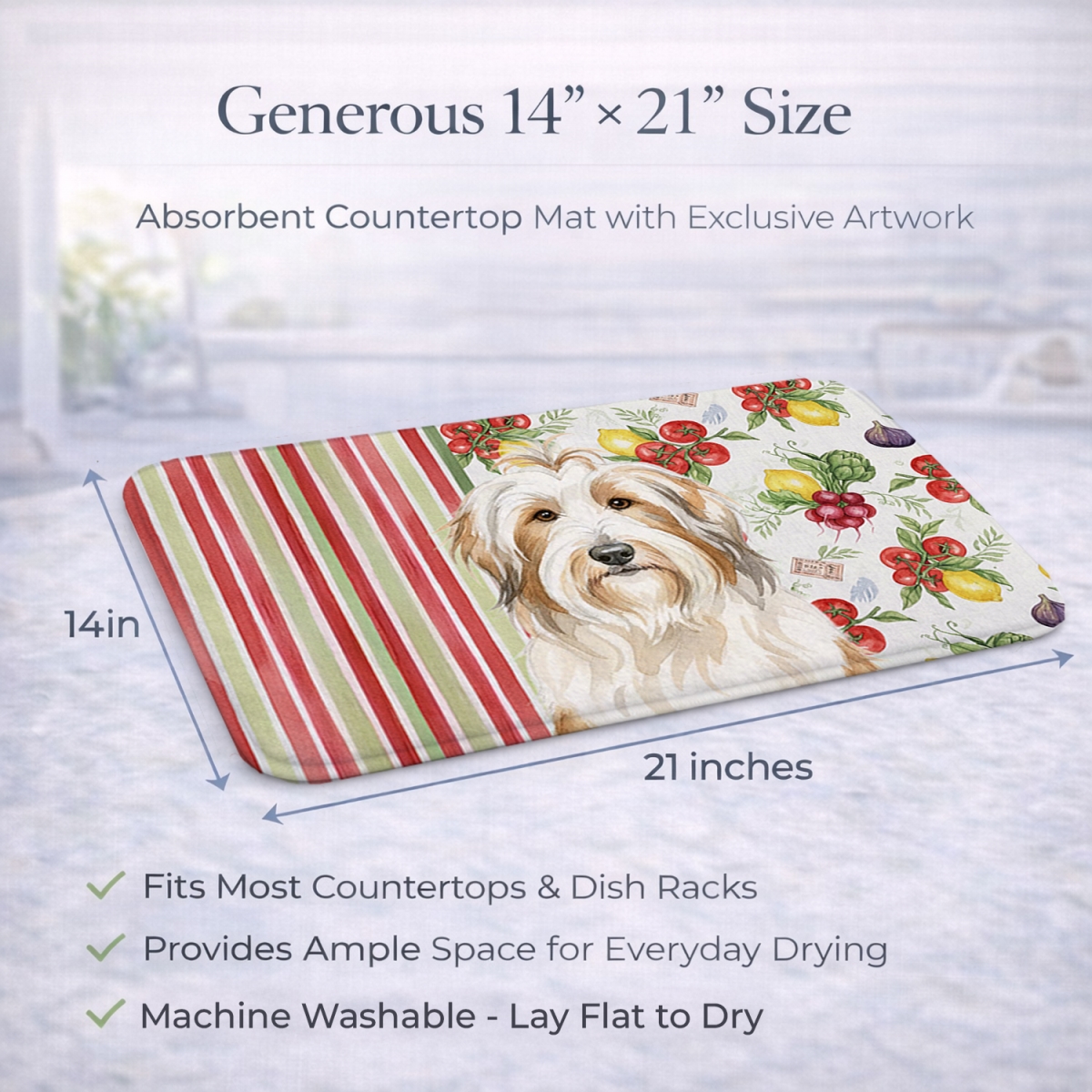 Picture of Carolines Treasures WDK8105DDM 21 x 14 in. White & Tan Bearded Collie Vegetables Dish Drying Mat
