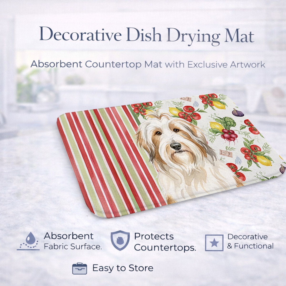 Picture of Carolines Treasures WDK8105DDM 21 x 14 in. White & Tan Bearded Collie Vegetables Dish Drying Mat