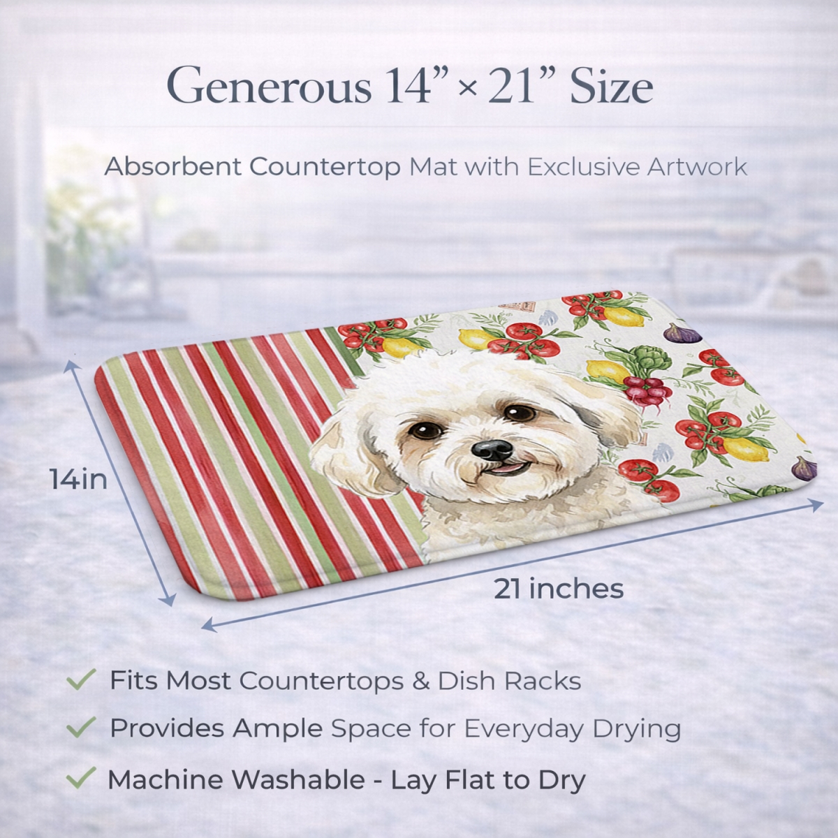 Picture of Carolines Treasures WDK8115DDM 21 x 14 in. White & Cream Bichon Frise Vegetables Dish Drying Mat
