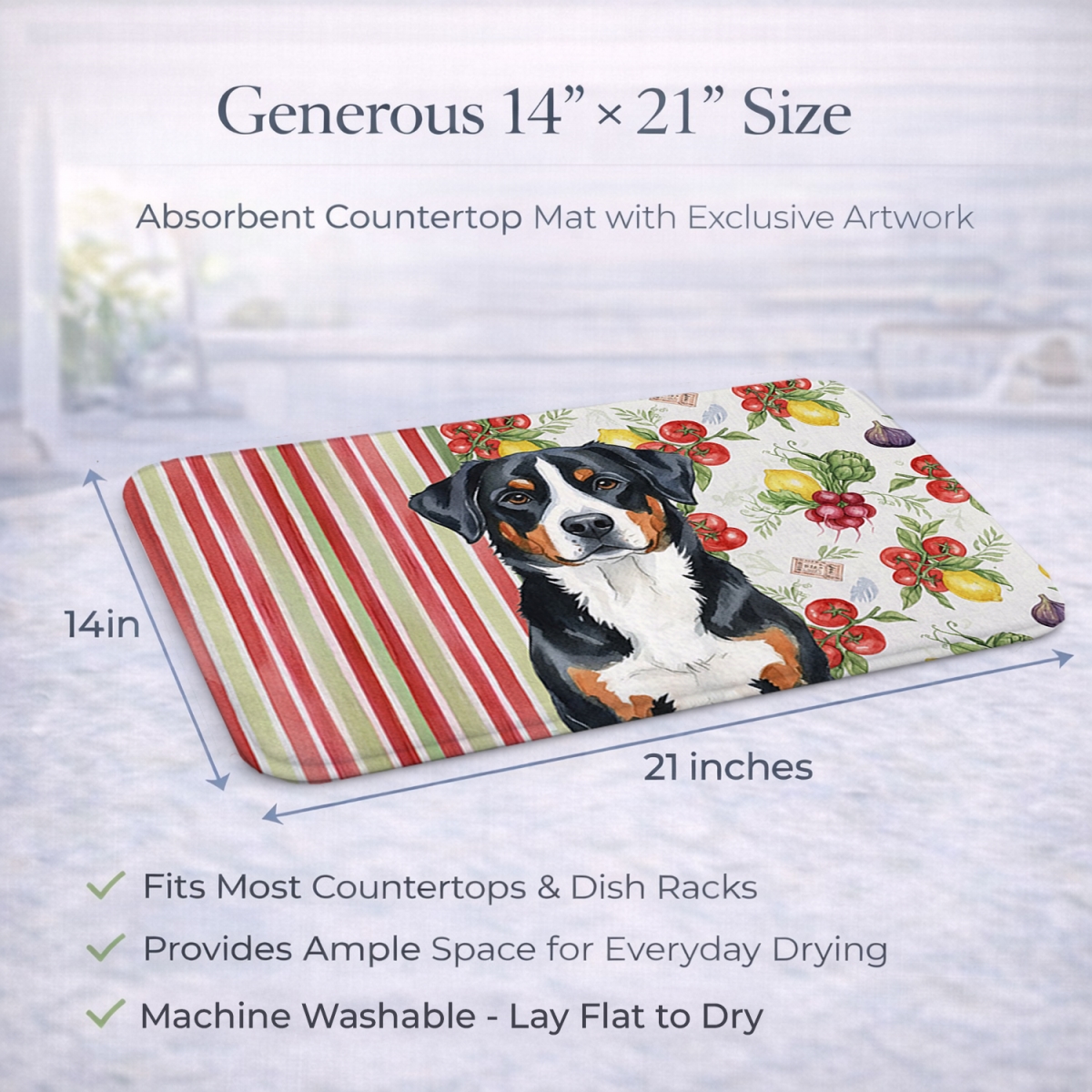 Picture of Carolines Treasures WDK8259DDM 21 x 14 in. Greater Swiss Mountain Dog Vegetables Dish Drying Mat