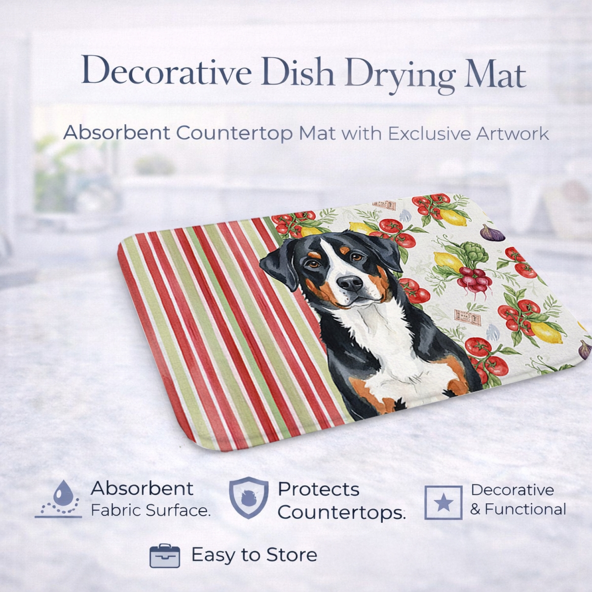 Picture of Carolines Treasures WDK8259DDM 21 x 14 in. Greater Swiss Mountain Dog Vegetables Dish Drying Mat
