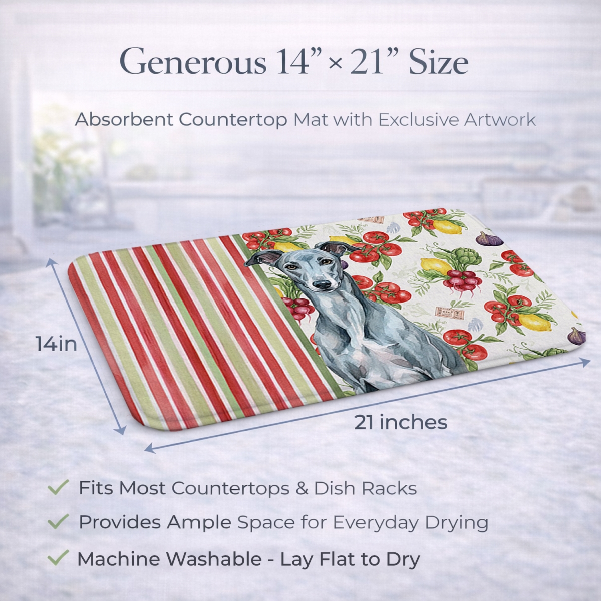 Picture of Carolines Treasures WDK8262DDM 21 x 14 in. Blue Brindle Greyhound Vegetables Dish Drying Mat