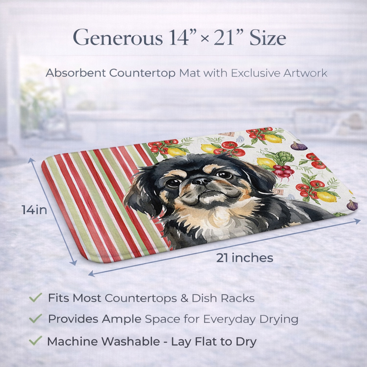 Picture of Carolines Treasures WDK8347DDM 21 x 14 in. Black & Tan Pekingese Vegetables Dish Drying Mat