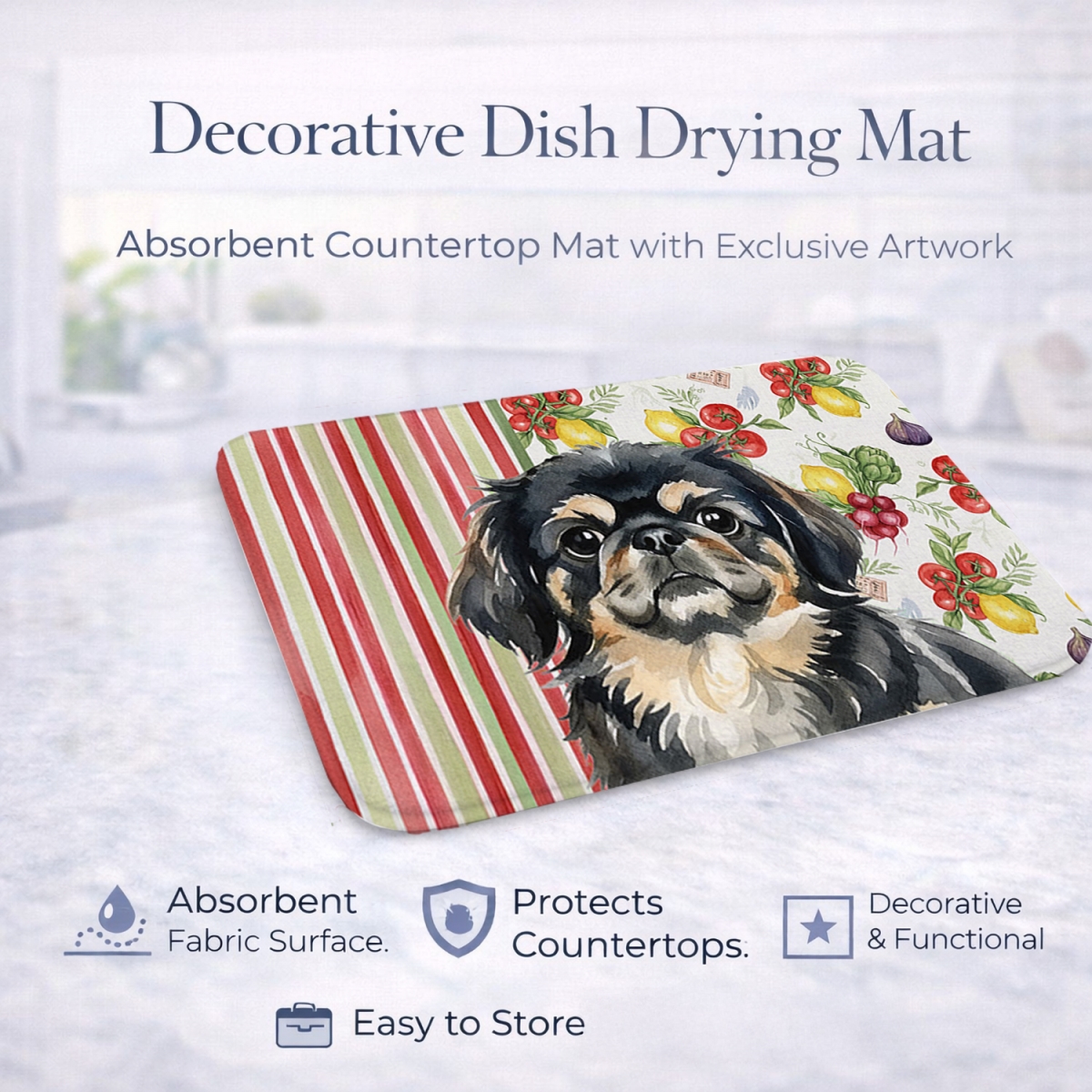 Picture of Carolines Treasures WDK8347DDM 21 x 14 in. Black & Tan Pekingese Vegetables Dish Drying Mat