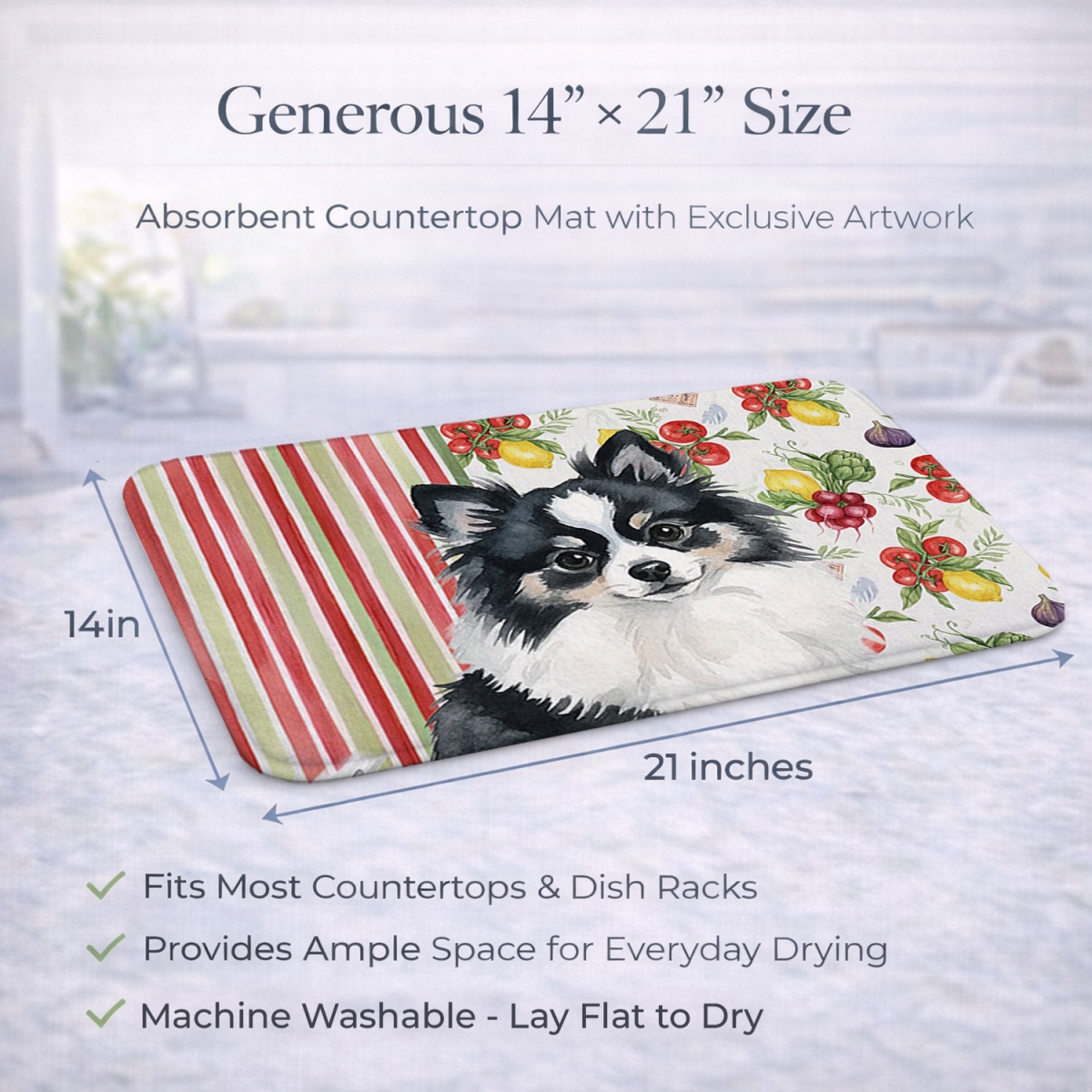 Picture of Carolines Treasures WDK8358DDM 21 x 14 in. Black & White Pomeranian Vegetables Dish Drying Mat