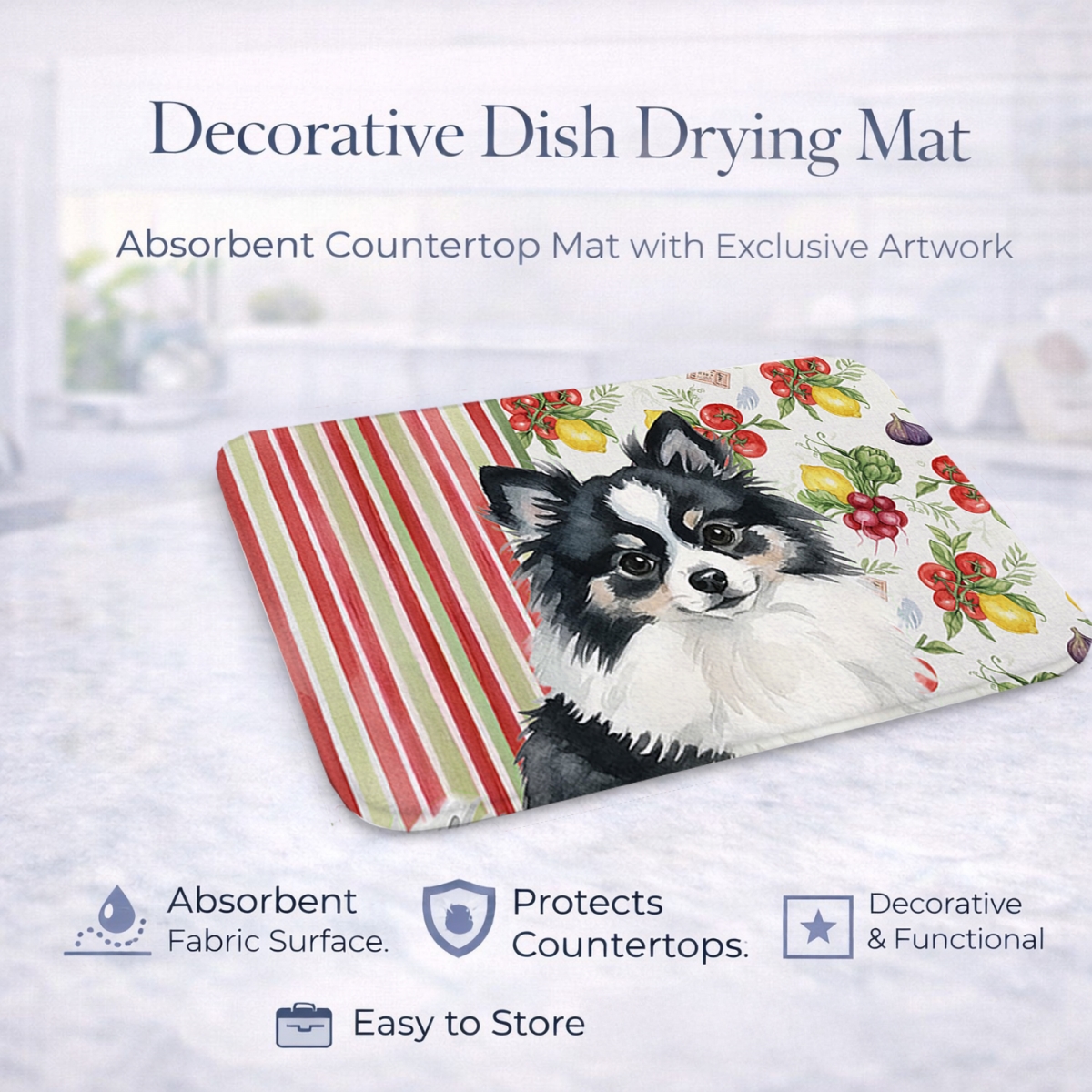 Picture of Carolines Treasures WDK8358DDM 21 x 14 in. Black & White Pomeranian Vegetables Dish Drying Mat