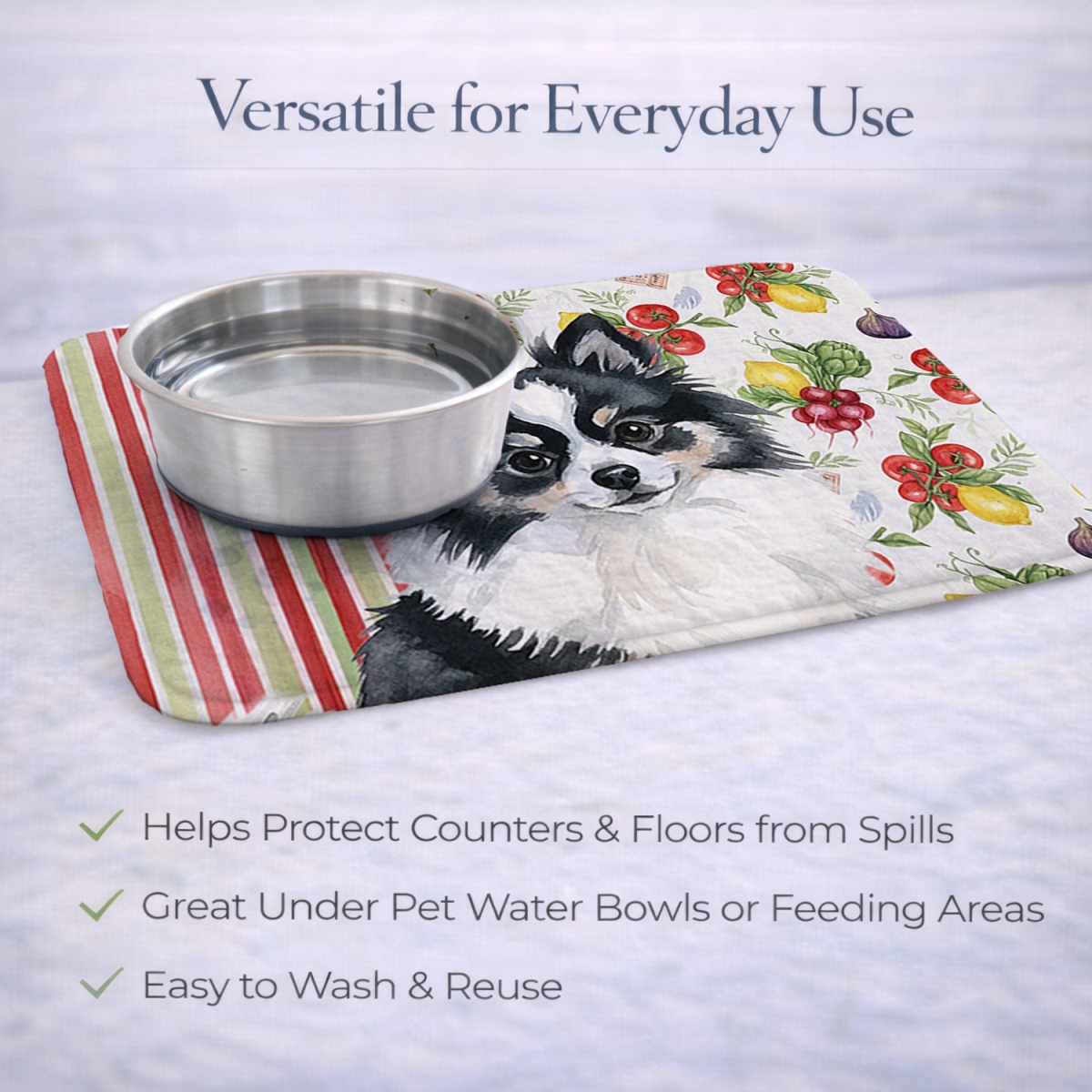 Picture of Carolines Treasures WDK8358DDM 21 x 14 in. Black & White Pomeranian Vegetables Dish Drying Mat