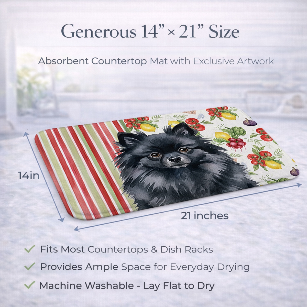 Picture of Carolines Treasures WDK8359DDM 21 x 14 in. Black Pomeranian Vegetables Dish Drying Mat