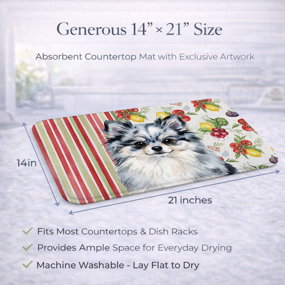Picture of Carolines Treasures WDK8360DDM 21 x 14 in. Blue Merle Pomeranian Vegetables Dish Drying Mat