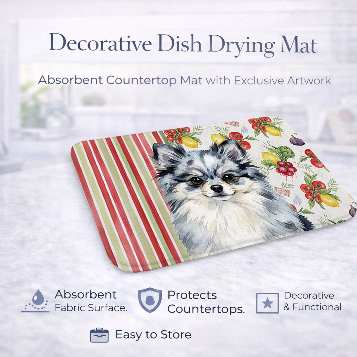 Picture of Carolines Treasures WDK8360DDM 21 x 14 in. Blue Merle Pomeranian Vegetables Dish Drying Mat