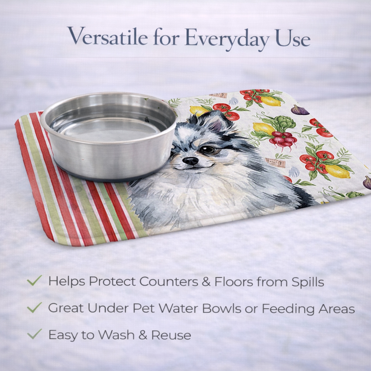 Picture of Carolines Treasures WDK8360DDM 21 x 14 in. Blue Merle Pomeranian Vegetables Dish Drying Mat