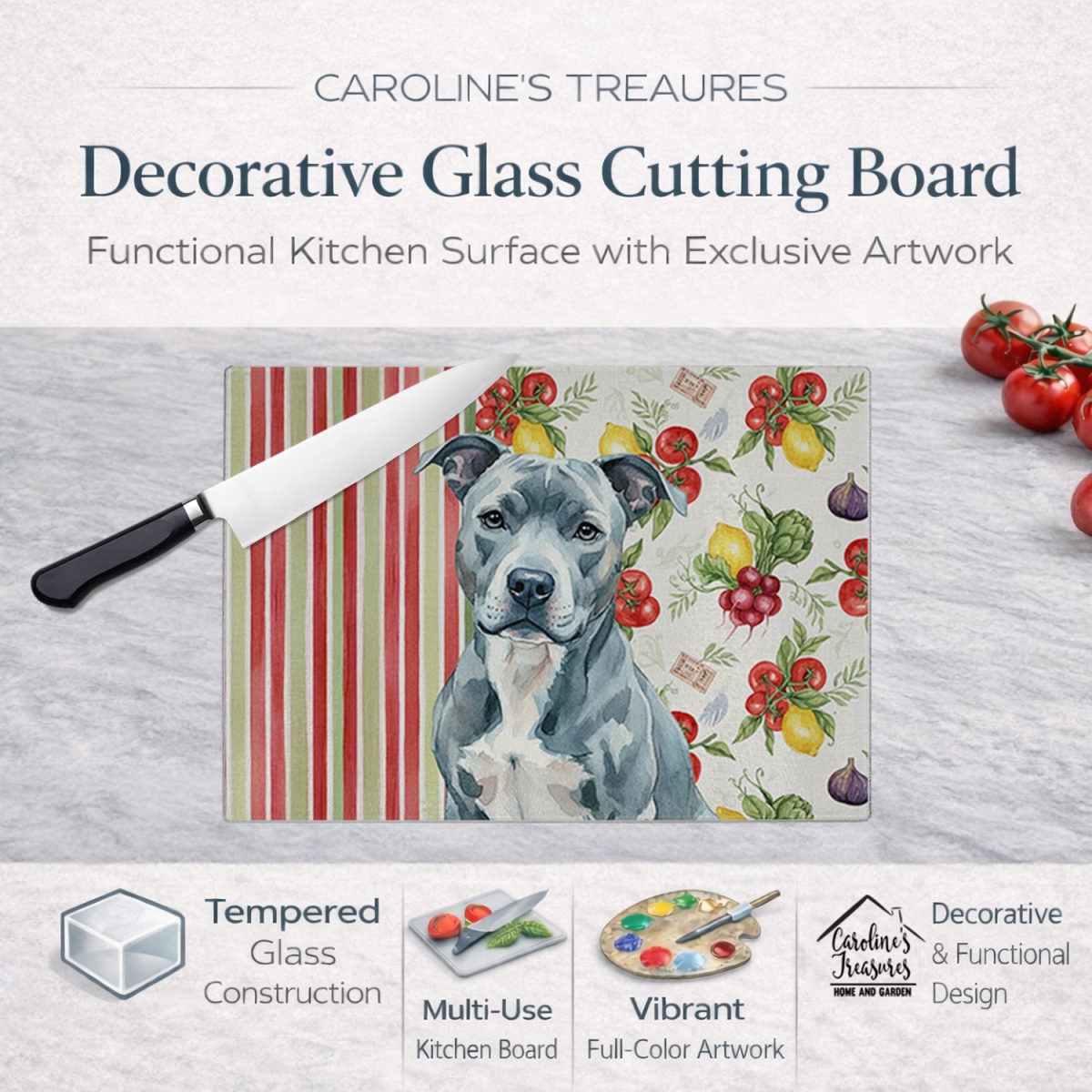Picture of Carolines Treasures WDK8082LCB 11.25 x 15.25 in. Blue American Staffordshire Terrier Vegetables Glass Cutting Board