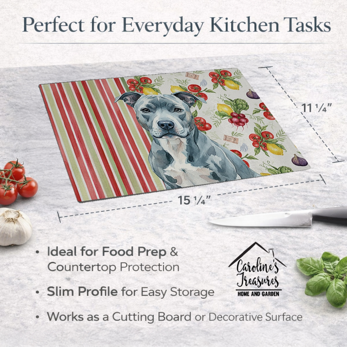 Picture of Carolines Treasures WDK8082LCB 11.25 x 15.25 in. Blue American Staffordshire Terrier Vegetables Glass Cutting Board