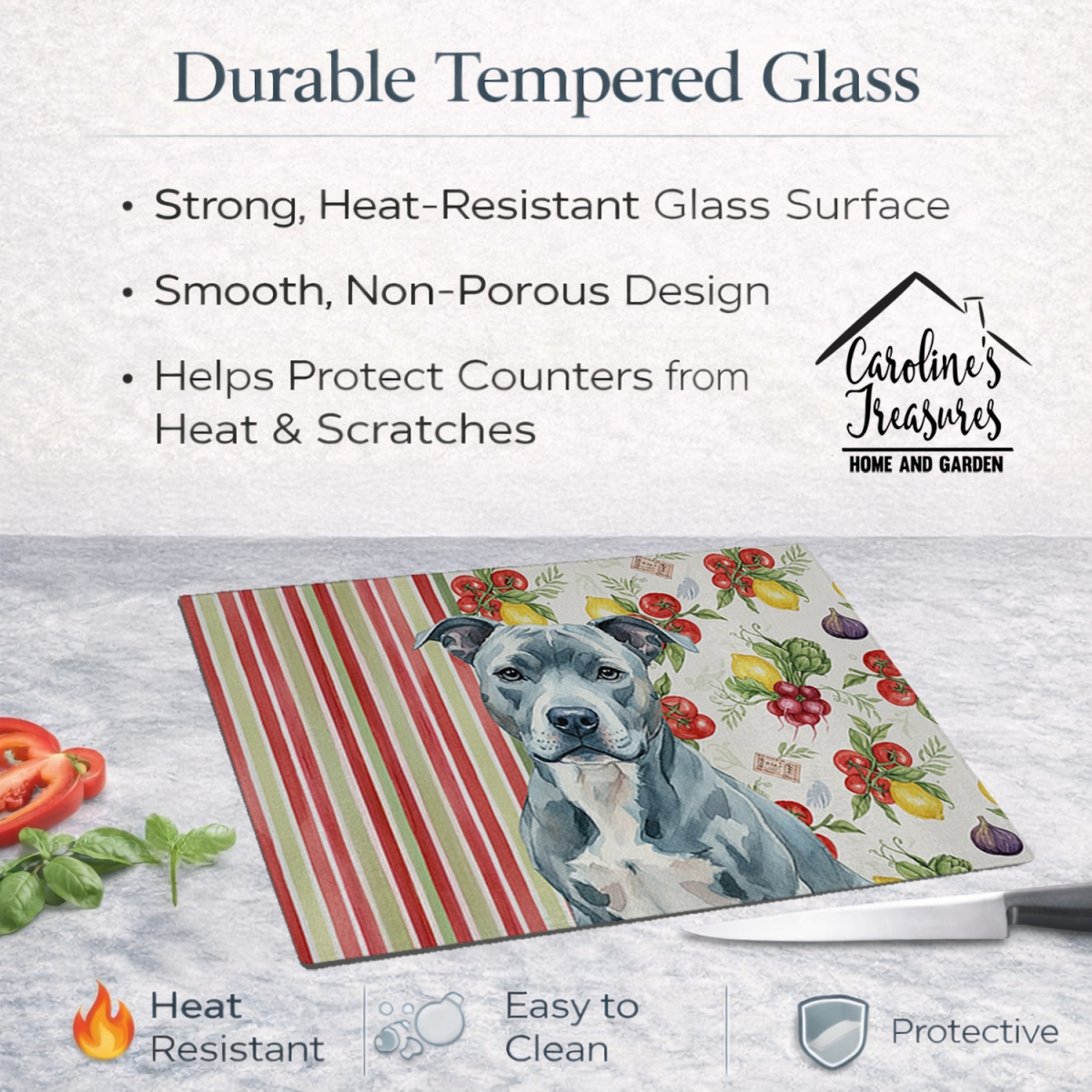 Picture of Carolines Treasures WDK8082LCB 11.25 x 15.25 in. Blue American Staffordshire Terrier Vegetables Glass Cutting Board