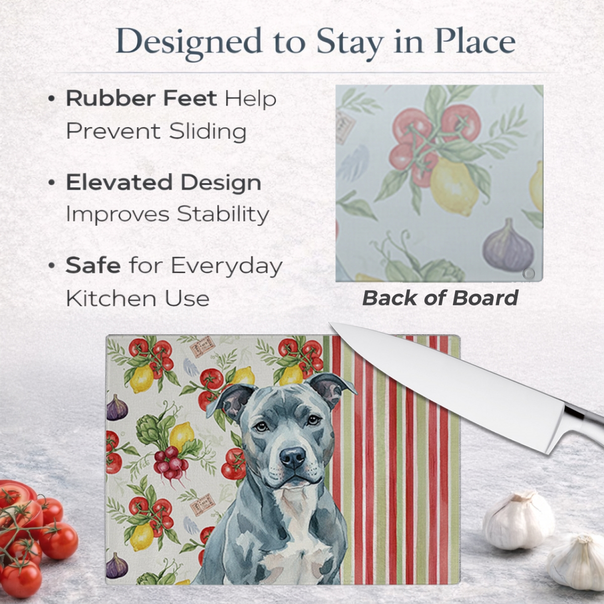 Picture of Carolines Treasures WDK8082LCB 11.25 x 15.25 in. Blue American Staffordshire Terrier Vegetables Glass Cutting Board