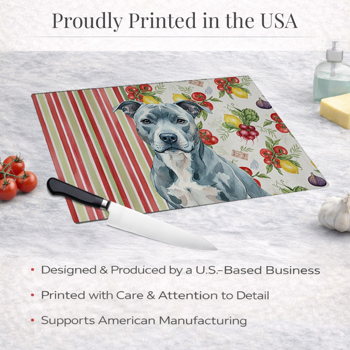 Picture of Carolines Treasures WDK8082LCB 11.25 x 15.25 in. Blue American Staffordshire Terrier Vegetables Glass Cutting Board