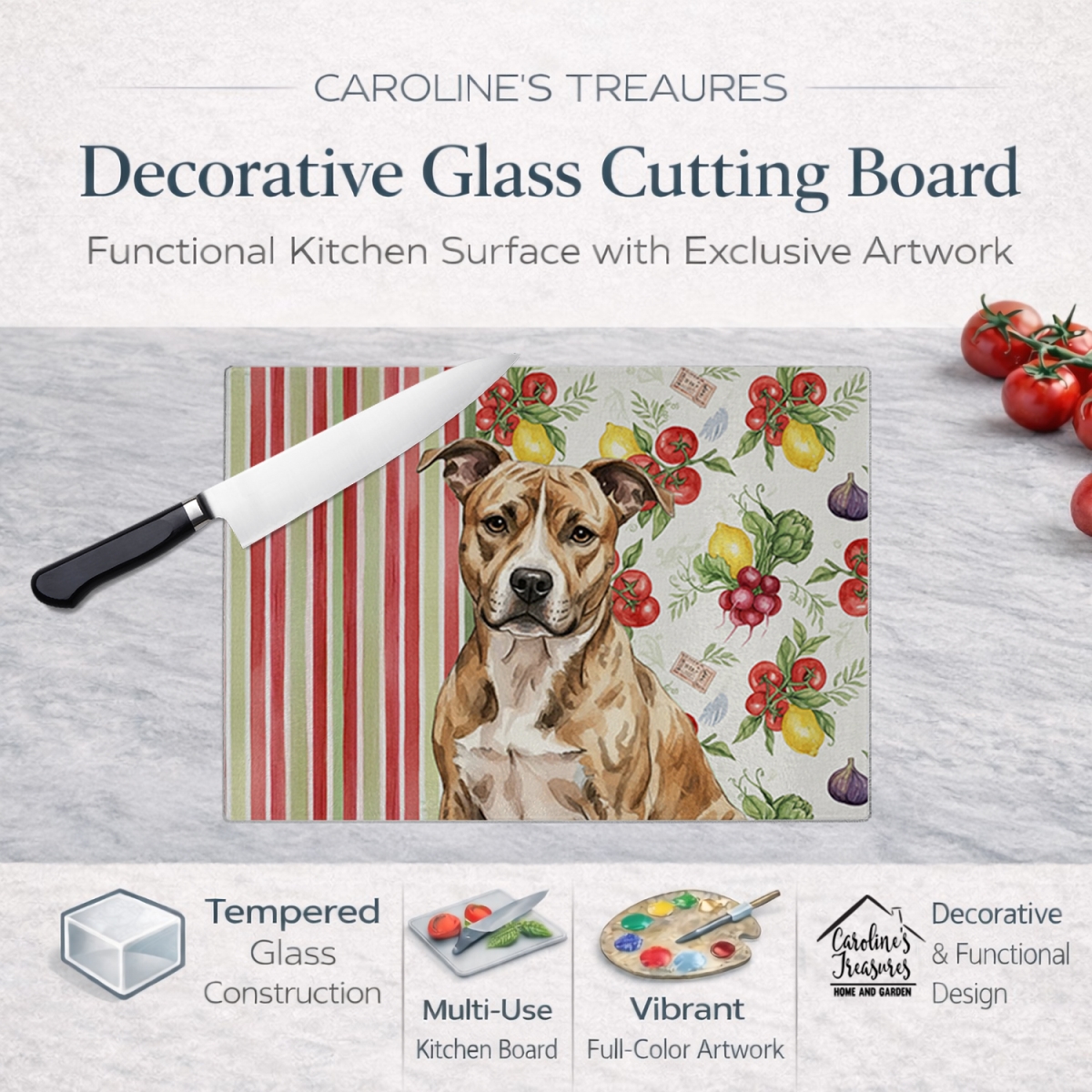 Picture of Carolines Treasures WDK8083LCB 11.25 x 15.25 in. Brindle American Staffordshire Terrier Vegetables Glass Cutting Board