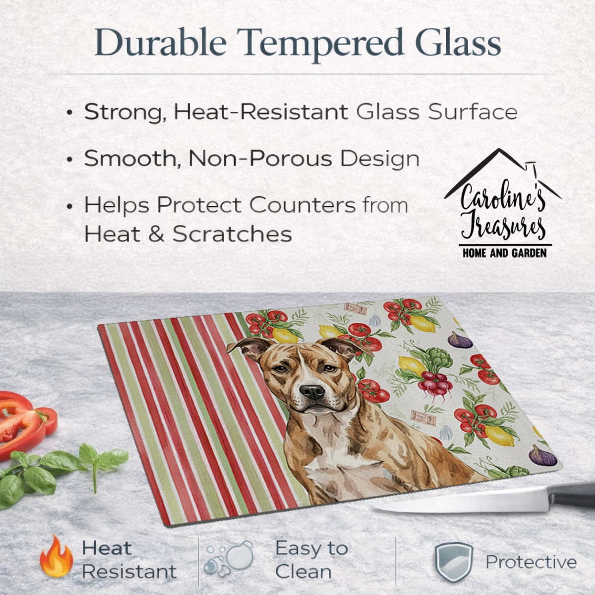 Picture of Carolines Treasures WDK8083LCB 11.25 x 15.25 in. Brindle American Staffordshire Terrier Vegetables Glass Cutting Board
