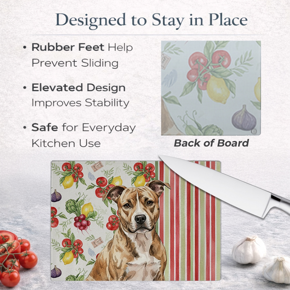Picture of Carolines Treasures WDK8083LCB 11.25 x 15.25 in. Brindle American Staffordshire Terrier Vegetables Glass Cutting Board