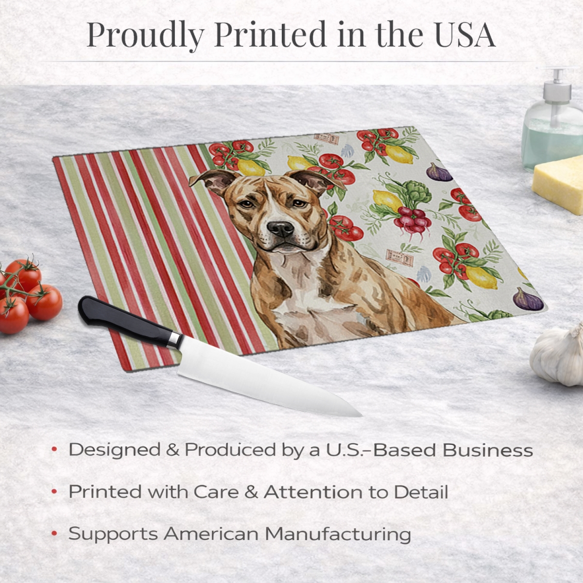 Picture of Carolines Treasures WDK8083LCB 11.25 x 15.25 in. Brindle American Staffordshire Terrier Vegetables Glass Cutting Board
