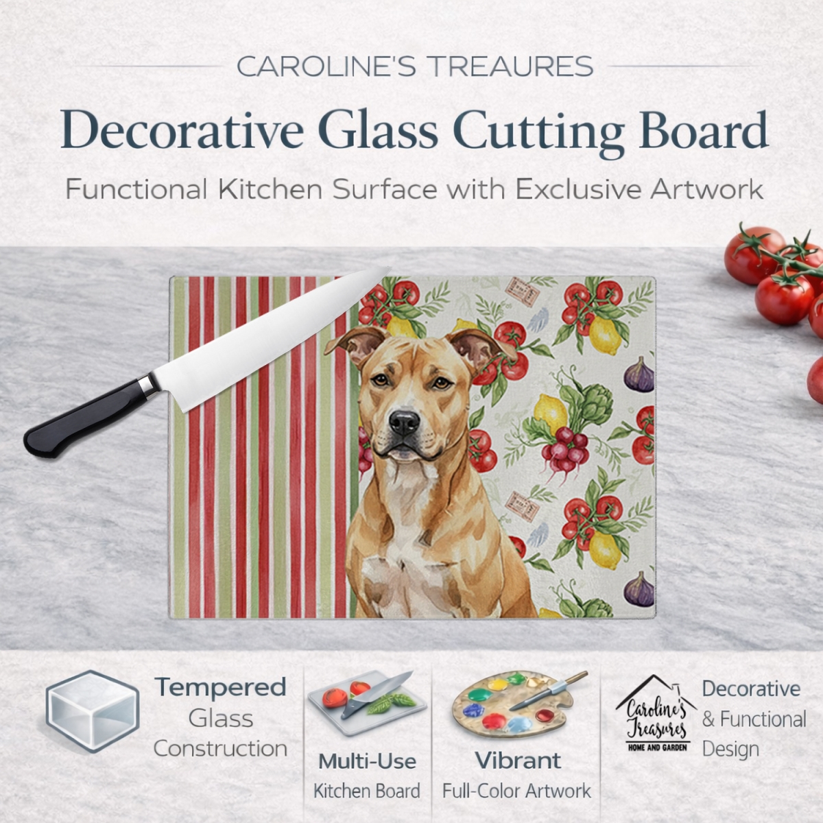 Picture of Carolines Treasures WDK8084LCB 11.25 x 15.25 in. Fawn American Staffordshire Terrier Vegetables Glass Cutting Board