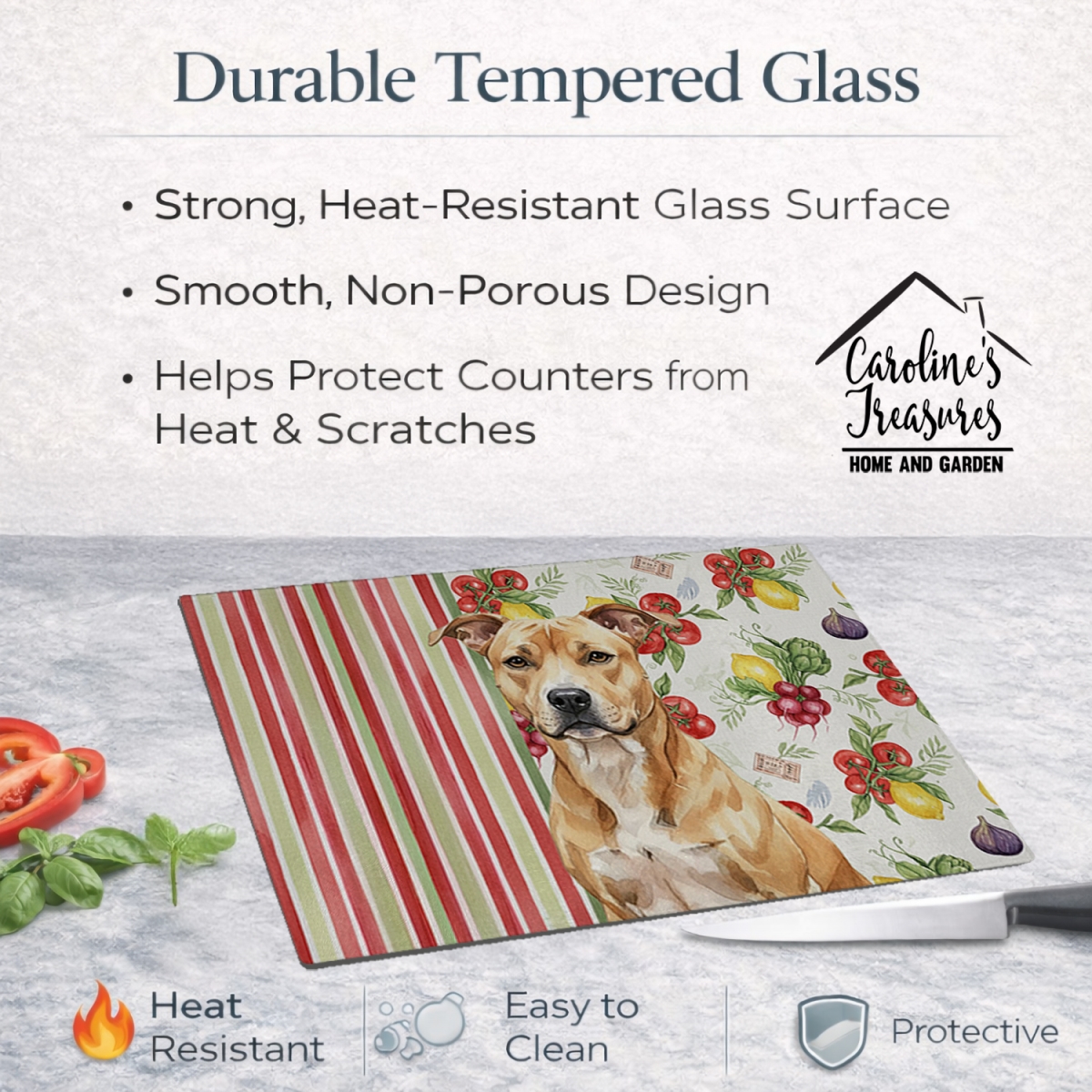 Picture of Carolines Treasures WDK8084LCB 11.25 x 15.25 in. Fawn American Staffordshire Terrier Vegetables Glass Cutting Board