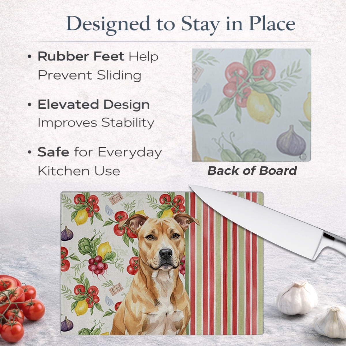 Picture of Carolines Treasures WDK8084LCB 11.25 x 15.25 in. Fawn American Staffordshire Terrier Vegetables Glass Cutting Board