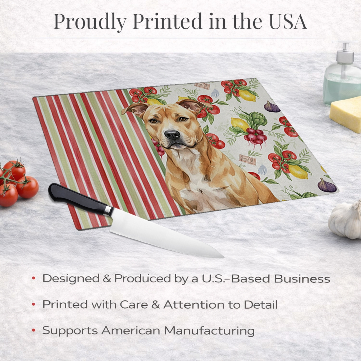 Picture of Carolines Treasures WDK8084LCB 11.25 x 15.25 in. Fawn American Staffordshire Terrier Vegetables Glass Cutting Board