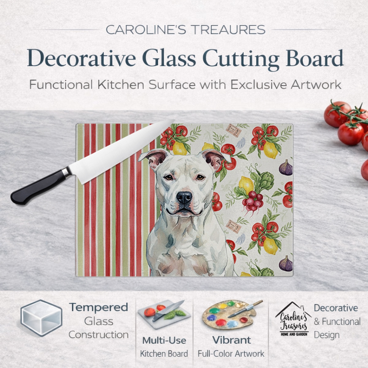 Picture of Carolines Treasures WDK8085LCB 11.25 x 15.25 in. White American Staffordshire Terrier Vegetables Glass Cutting Board
