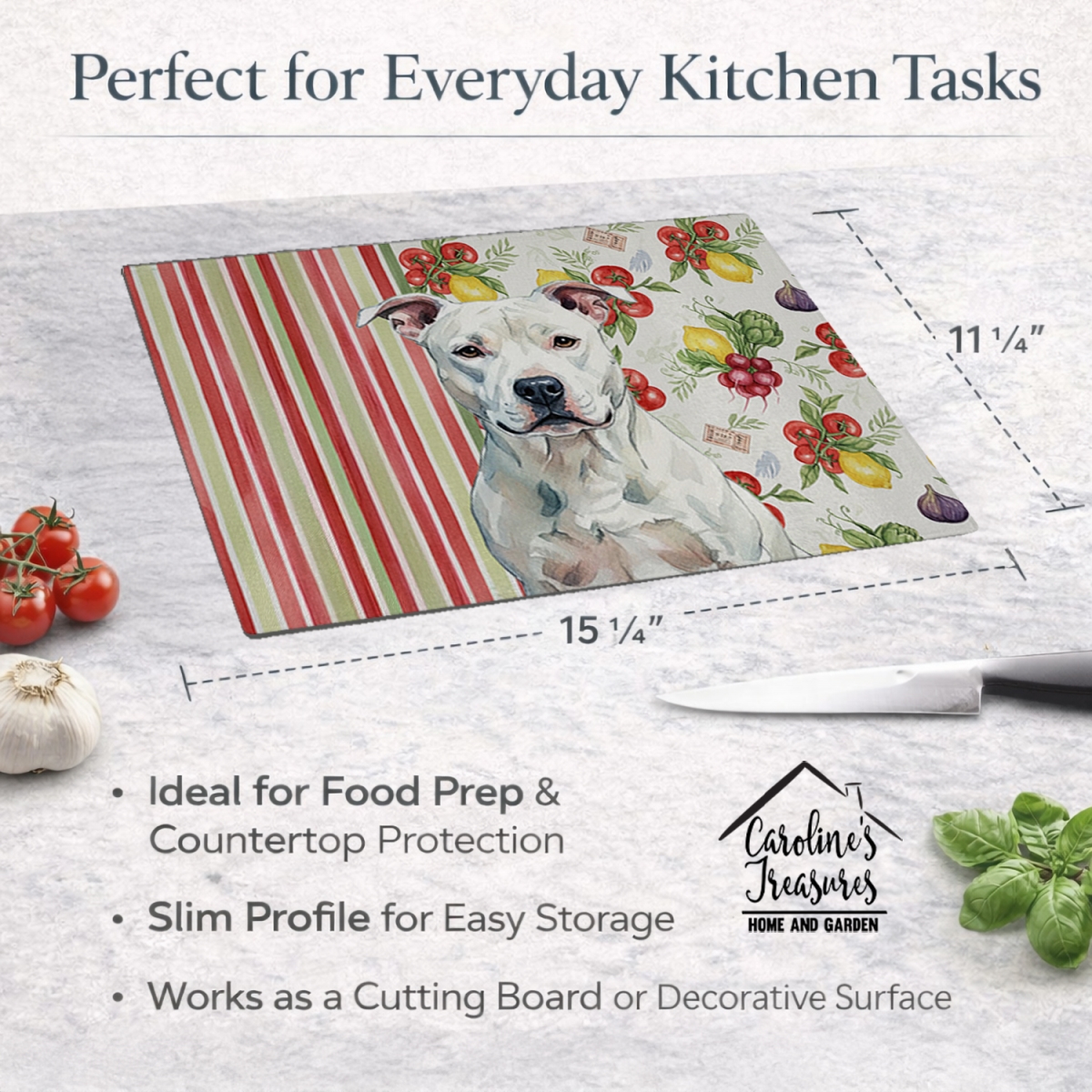 Picture of Carolines Treasures WDK8085LCB 11.25 x 15.25 in. White American Staffordshire Terrier Vegetables Glass Cutting Board