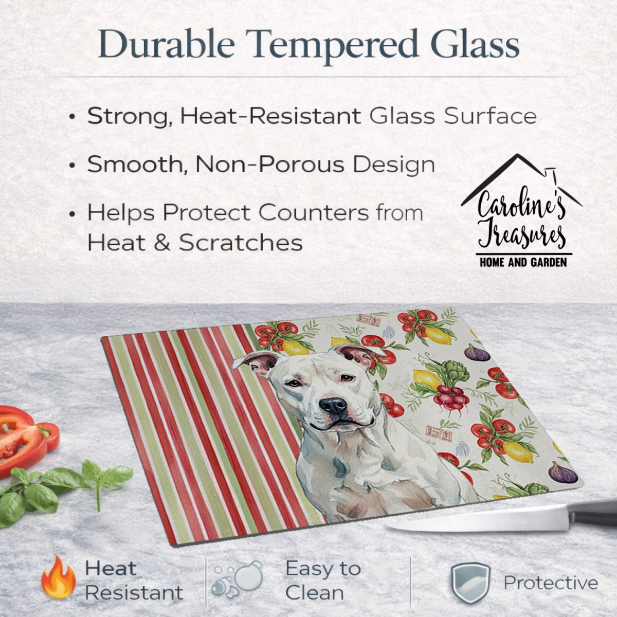 Picture of Carolines Treasures WDK8085LCB 11.25 x 15.25 in. White American Staffordshire Terrier Vegetables Glass Cutting Board