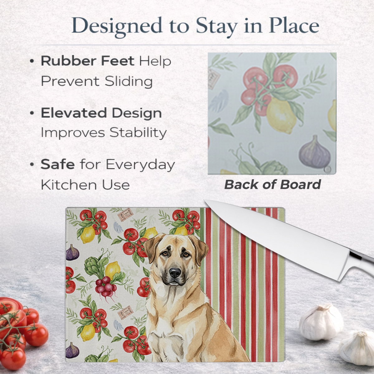 Picture of Carolines Treasures WDK8086LCB 11.25 x 15.25 in. Anatolian Shepherd Dog Vegetables Glass Cutting Board